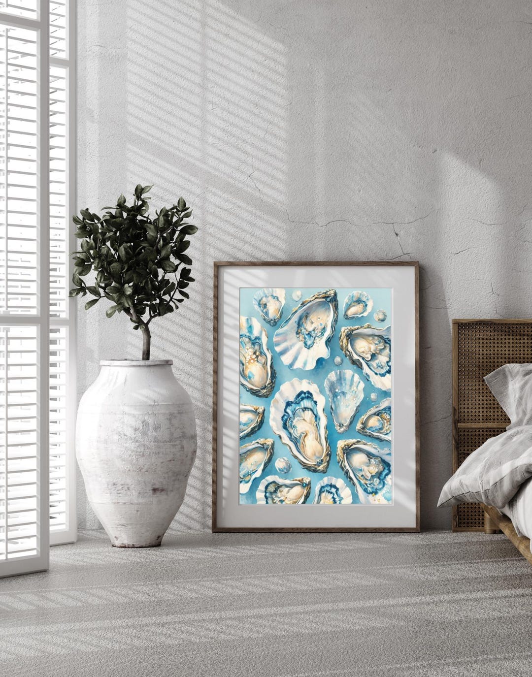 Boho Coastal Oyster Shell Wall Art - Blue Seashell Watercolor Print ...