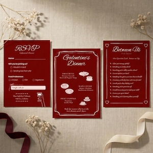 Galentine’s Dinner Party Kit: Cozy & Refined RSVP, Menu and Table Talk Templates (Dark Cherry Red) | Editable Canva and PowerPoint