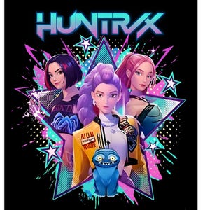May include: Digital illustration featuring three stylized female figures with vibrant hair colors, set against a backdrop of stars and geometric shapes. The word "HUNTRAX" is prominently displayed at the top. A blue creature is in the foreground.