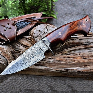 Handmade Damascus Hunting Knife With Rosewood Handle Gift For Father Wedding Gift, Bowie Knife, Birthday Gift Anniversary Gift Camping knife