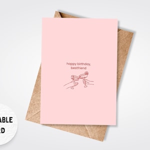 Printable Minimalistic Birthday Card for Best Friend in Rose & Red, Champagne Design