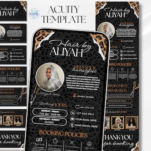 May include: A digital marketing template for a hair stylist featuring a black leopard print background with white and copper text. The design includes sections for booking hours, contact information, booking policies, and a circular photo placeholder.