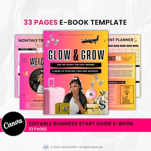 Puede incluir: Una plantilla de libro electrónico con un fondo degradado rosa y amarillo. La portada presenta "GLOW & GROW" y "A GUIDE TO STARTING YOUR OWN BUSINESS". Páginas adicionales incluyen un rastreador mensual y un plan de negocios. La plantilla tiene 33 páginas y es editable.