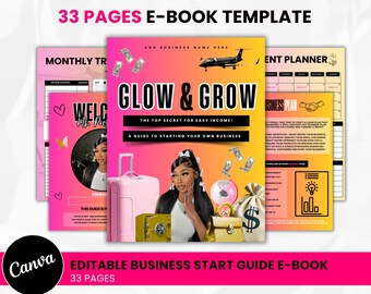 Puede incluir: Una plantilla de libro electrónico con un fondo degradado rosa y amarillo. La portada presenta "GLOW & GROW" y "A GUIDE TO STARTING YOUR OWN BUSINESS". Páginas adicionales incluyen un rastreador mensual y un plan de negocios. La plantilla tiene 33 páginas y es editable.