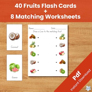 40 Fruits Realistic Cards, 8 Matching Fruits Worksheets, Montessori Cards, Educational Printable Cards, Printable, Instant Download,Activity