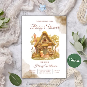 Winnie the Pooh Baby Shower Invitation: Neutral Pooh House (Editable Template)