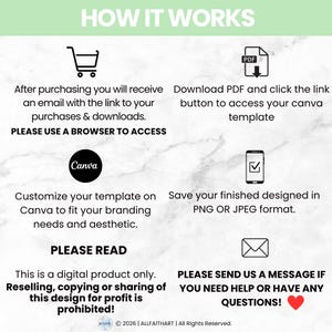 May include: An instructional graphic titled HOW IT WORKS with black icons and text on a white marble background. It outlines steps for a digital product: purchase, download a PDF, access a Canva template, customise, save as PNG or JPEG, and contact for help.
