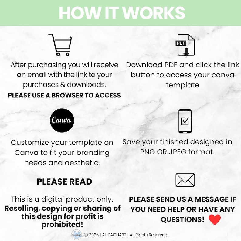 May include: An instructional graphic titled HOW IT WORKS with black icons and text on a white marble background. It outlines steps for a digital product: purchase, download a PDF, access a Canva template, customise, save as PNG or JPEG, and contact for help.