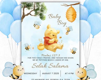 Invito per baby shower di Winnie the Pooh: tema blu (modello Canva, download digitale)