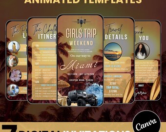 Itinerario animado para viaje de chicas, invitación de viaje, itinerario para fiesta de fin de semana, horario digital, plantilla editable de Canva