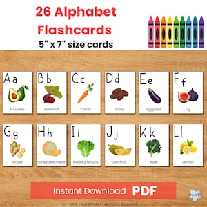 26 Alphabet Flashcards, Montessori Flashcards, Educational Printable Cards, Instant Download, Fruits Flashcards, Vegetables Flashcards
