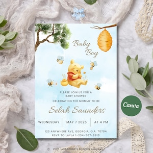 Editable Winnie The Pooh Baby Shower Invitation, Winnie The Pooh Invitation, Blue Winnie The Pooh Invitation, Digital Invitation Baby Boy