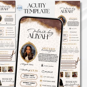 May include: A digital Acuity scheduling template for Hair by Aliyah featuring a white leopard print background with gold glitter accents. The layout includes sections for booking hours, contact info, policies, and a circular photo frame.