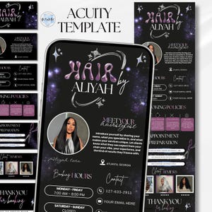 May include: A digital marketing template for a hair stylist featuring a black background with purple nebula accents. The text reads Hair by Aliyah, Meet Your Hairstylist, Booking Hours, and Contact. It includes a circular photo placeholder.