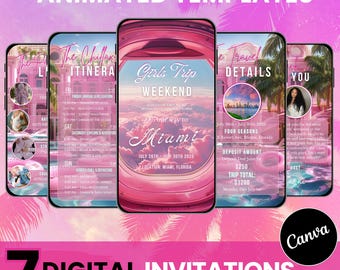 Animated Girls Trip Itinerary, Travel Invite, Weekend Party Itinerary, Digital Schedule, Editable Canva Template
