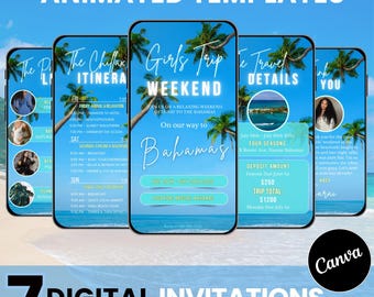 Animated Girls Trip Itinerary, Travel Invite, Weekend Party Itinerary, Digital Schedule, Editable Canva Template