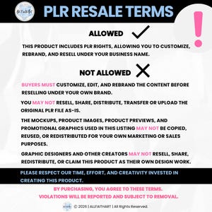 May include: A white informational graphic titled PLR RESALE TERMS with black text outlining usage rules. It features an ALLOWED section with a tick and a NOT ALLOWED section with a cross, plus a large pink exclamation mark and copyright text.