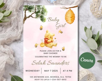 Editable Winnie The Pooh Baby Shower Invitation, Pink Winnie The Pooh Invitation, Winnie The Pooh Invitation, Digital Invitation Baby Girl