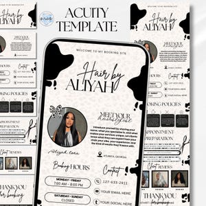 May include: A digital booking site template for a hair stylist named Aliyah, featuring a black and white cow print background, a circular profile photo, and sections for booking hours, contact information, policies, and client reviews.
