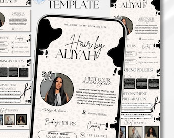 May include: A digital booking site template for a hair stylist named Aliyah, featuring a black and white cow print background, a circular profile photo, and sections for booking hours, contact information, policies, and client reviews.