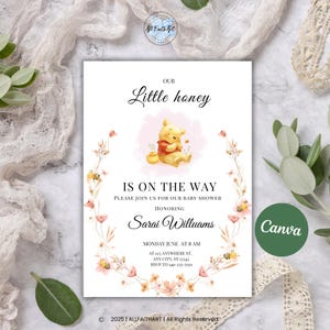 Winnie the pooh Our Little Honey is on the Way Baby Shower, Invitation Pooh Tummy Baby Shower Invitation, Pink Leaves Bees Baby Shower