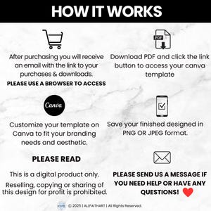 May include: Graphic with the text "HOW IT WORKS" and instructions for a digital product. Includes icons for a shopping cart, PDF download, Canva, a mobile phone, and an envelope. The text advises to use a browser to access the template and save the design in PNG or JPEG format.