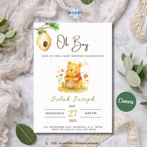 Editable Winnie The Pooh Baby Shower Invitation, Winnie The Pooh Invitation, Yellow Winnie The Pooh Invitation, Digital Invitation Baby Boy