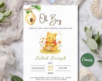 Winnie The Pooh Baby Shower Invitation: Editable Canva Template (Digital Invitation)