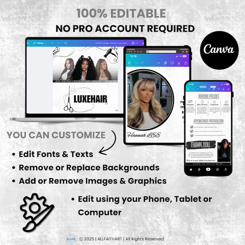 May include: A digital design template displayed on a laptop, tablet, and phone. The design features the text "LUXEHAIR" and images of hair extensions. The template is 100% editable and customizable using Canva.