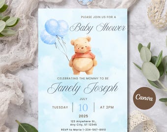 Editable Winnie the Pooh Baby Shower Invitation (Canva Template)