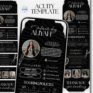 May include: A digital template for a hair stylist booking page displayed on a smartphone screen. The design features a black and white zebra print background with white text, including sections for booking hours, contact info, and policies.