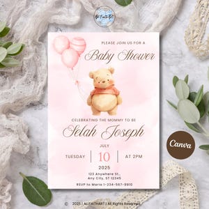 Pink Winnie The Pooh Baby Shower Invitation: Editable Canva Template (Digital)
