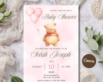 Pink Winnie The Pooh Baby Shower Invitation: Editable Canva Template (Digital)