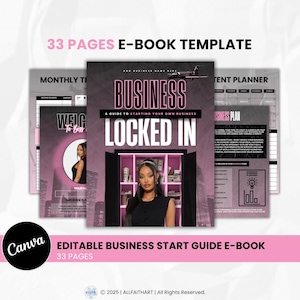 Pode incluir: Um modelo de e-book com um design rosa e preto, intitulado "Business Locked In". A capa apresenta uma mulher e um armário cheio de dinheiro. O texto inclui "33 Pages E-Book Template" e "Editable Business Start Guide E-Book."