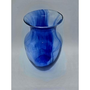 Glass Vase, Hand Blown Art, Clear w/Cobalt Blue Swirl, 8", Exc Cond, one of a kind - Vtg