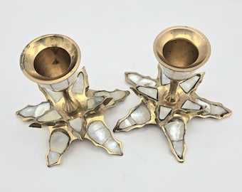 SET of 2 Vintage Brass w/Natural Mother of Pearl Inlay Star CANDLESTICKS