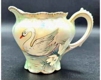 Antique RS Prussia CREAMER Hnd Ptd SWAN, water, flowers, Porcelain, Satin Finish