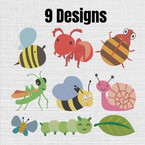 May include: A digital graphic set titled 9 Designs featuring illustrations of various insects and garden elements, including a bee, an ant, a ladybug, a grasshopper, a snail, a butterfly, a caterpillar, and a green leaf on a white background.