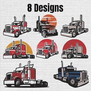Pode incluir: Uma coleção gráfica digital intitulada 8 Designs apresentando oito ilustrações de caminhões semirreboque em várias cores, incluindo vermelho, preto e azul, alguns contra fundos circulares de sóis laranja, vermelhos e amarelos em um fundo branco texturizado.