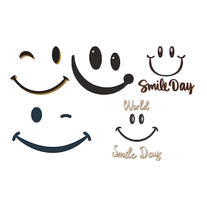 Op de afbeelding: Een verzameling lachende gezichtsontwerpen in verschillende stijlen. Sommige zijn zwart, sommige marineblauw en sommige hebben gouden accenten. De woorden "Smile Day" en "World" zijn ook inbegrepen.