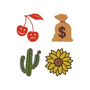 Conjunto de diseños de bordado de frutas y naturaleza con dibujos divertidos: cactus, girasol, cereza y bolsa de dinero. Archivos de bordado a máquina digital.