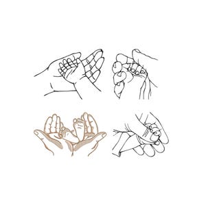 May include: Line art illustrations of hands holding a baby's hand and foot. The images are in black and white, with one image featuring a tan-colored foot and hands.