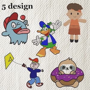 Cartoon Character Embroidery Design Bundle – 5 Cute Fun Designs | Boy, Duck, Monster, Sloth & More | Instant Download for Machine Embroidery