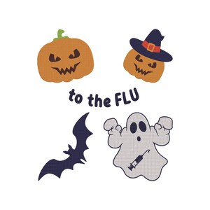 Puede incluir: Un gráfico de Halloween con dos calabazas naranjas, una con sombrero de bruja, un murciélago azul oscuro y un fantasma gris con una jeringa. El texto "to the FLU" está en el centro.
