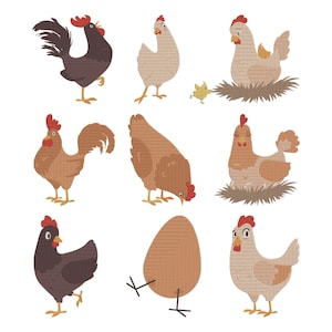 May include: A collection of nine cartoon illustrations of chickens and roosters in various poses. The color palette includes shades of brown, red, and white. Some chickens are standing, while others are pecking or sitting on a nest. The image has a playful, farm-themed aesthetic.