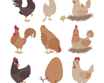 Chicken Farm Embroidery Design, Hen Rooster Machine Embroidery File, 9 Design, 8 Size, Instant Download