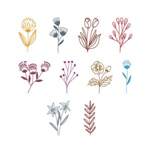 May include: A collection of nine different line art floral illustrations in various colors, including yellow, blue, brown, red, and purple. The flowers are depicted in a simple, elegant style, perfect for design projects or decorative purposes.