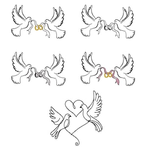 Conjunto de diseño de bordado de paloma nupcial, arte lineal de pájaro romántico, pájaros del amor con anillos, bordado a máquina con contorno de corazón, descarga instantánea