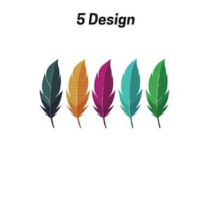 カラフルな羽根の刺繍デザインセット、5つのユニークな羽根のパターン、デジタル機械刺繍ファイル、即時ダウンロード、10サイズ