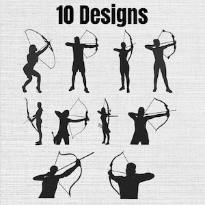 Könnte beinhalten: Eine digitale Sammlung von 10 Designs mit schwarzen Silhouetten von Personen in verschiedenen Posen beim Bogenschießen. Die Grafik zeigt zehn verschiedene Bogenschützenfiguren, die in drei Reihen vor einem hellen, strukturierten Hintergrund angeordnet sind.